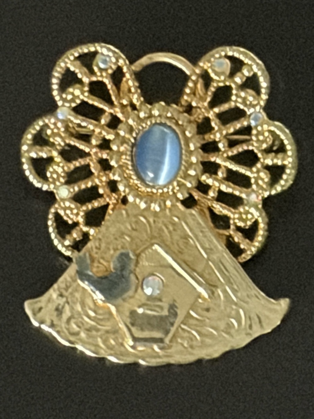 Kenneth Cole Vintage Gold-Tone Birdhouse Brooch with Filigree and Blue Cabochon